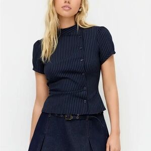 Cider Women’s Navy Pin-Striped Asymmetric Button Blouse Puffed Sleeve Small